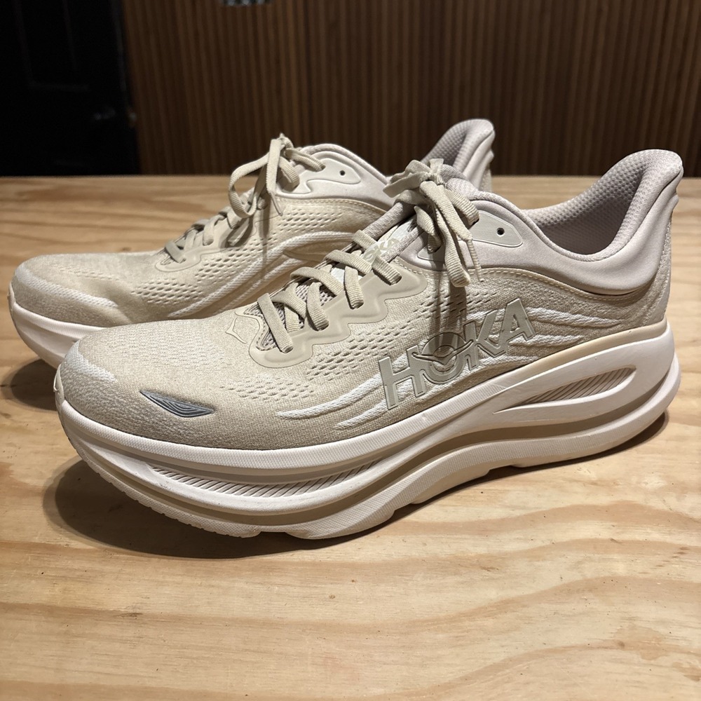 HOKA Bondi 9 running shoes Men's Sz 14 D Oatmeal Oat Milk Color Excellent Cond.